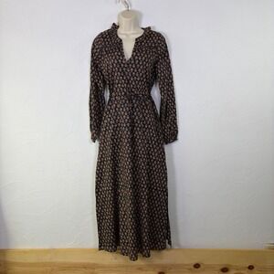 ABLE Maxi Dress Women XXS Navy Block Print Cotton Long Sleeve Boho Cottage Indie
